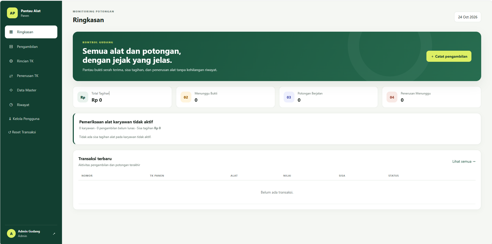Tampilan dashboard Pantau Alat Panen
